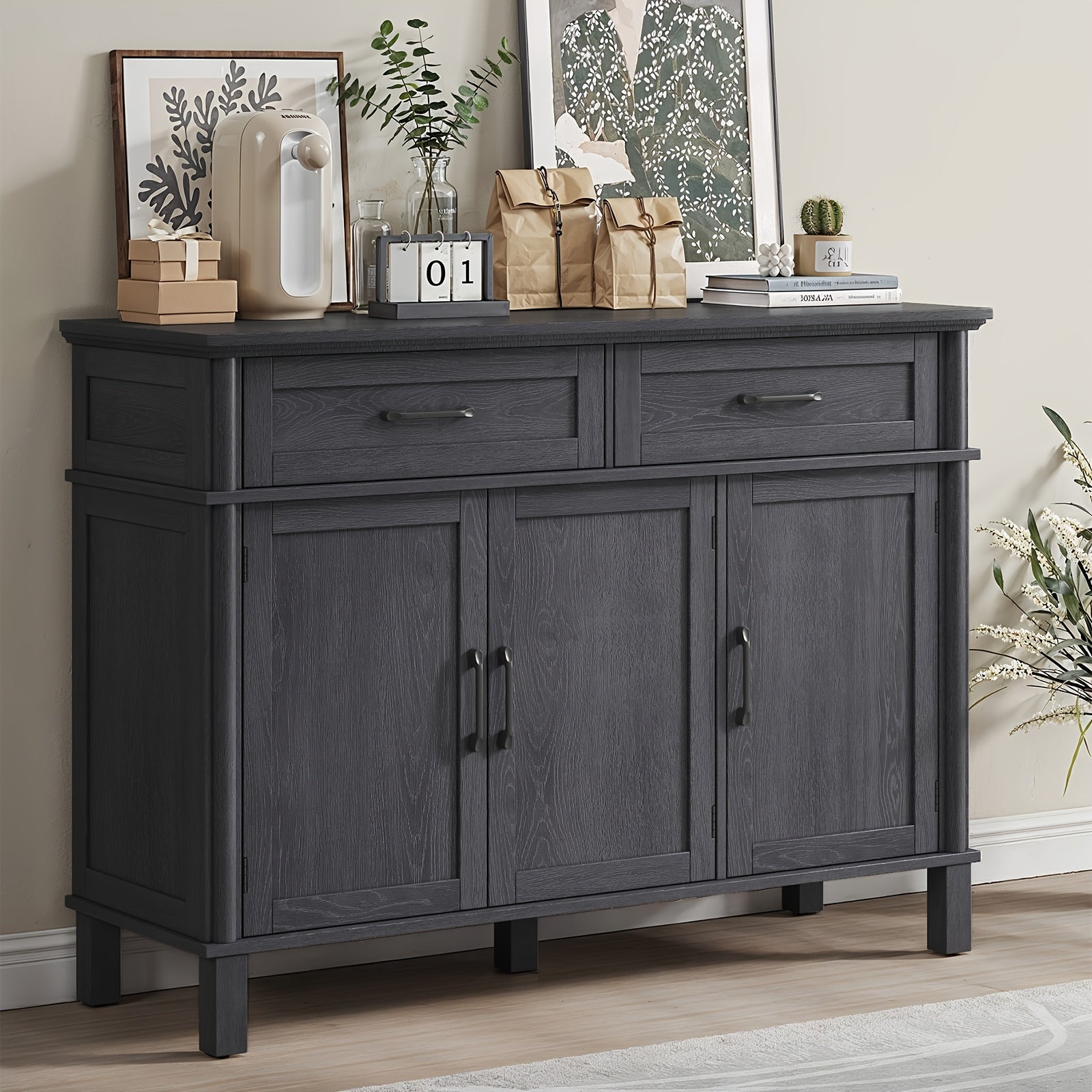 48&quot; Black Farmhouse Sideboard with Storage - Wooden Coffee Bar Cabinet Featuring 2 Drawers, 3 Doors &amp; Adjustable Shelves