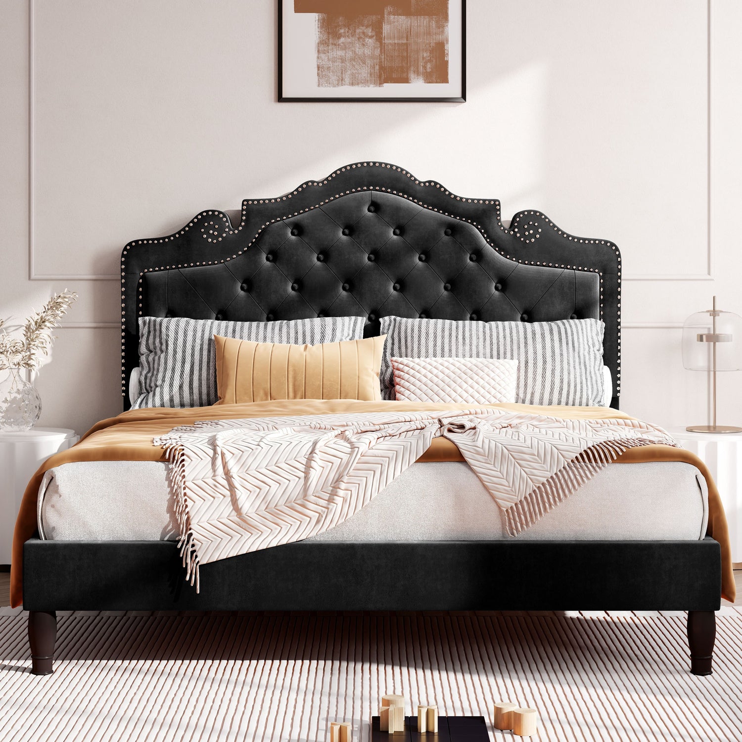 Adjustable Velvet Tiara Headboard Bed Frame - Full/Queen/King Size Upholstered Diamond Button Tufted Platform Bed
