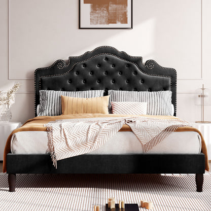 Adjustable Velvet Tiara Headboard Bed Frame - Full/Queen/King Size Upholstered Diamond Button Tufted Platform Bed
