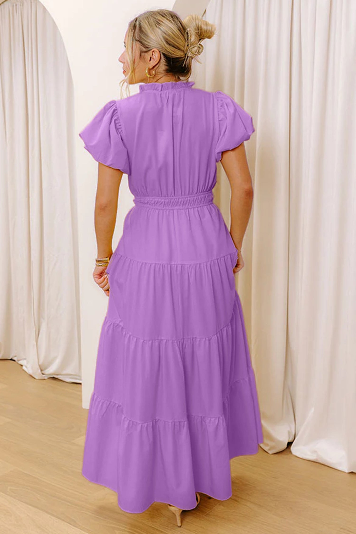 Bright Green Solid Color V Neck Short Puff Sleeve High Waist Tiered Maxi Dress