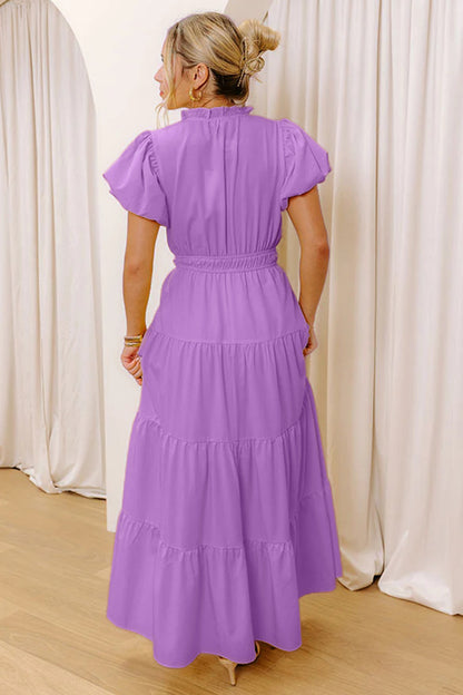 Bright Green Solid Color V Neck Short Puff Sleeve High Waist Tiered Maxi Dress
