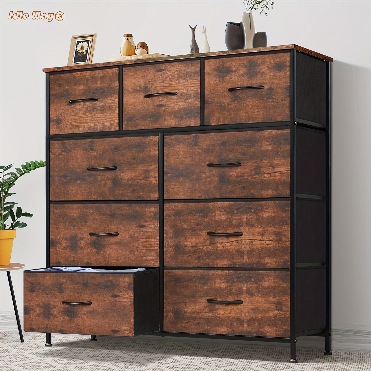 9-Drawer Idle Way Dresser - Sturdy Metal Frame, Wood Tabletop, Fabric Closet Organizer, Chest Storage Tower for Bedroom, Living Room, and Entryway