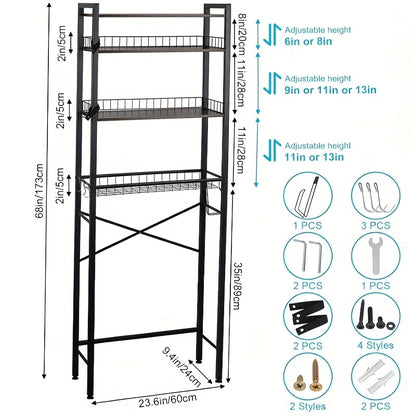 5-Tier Over Toilet Bathroom Organizer Shelf Adjustable Bathroom Shelf Over Toilet With Paper Holder And 4 Hooks
