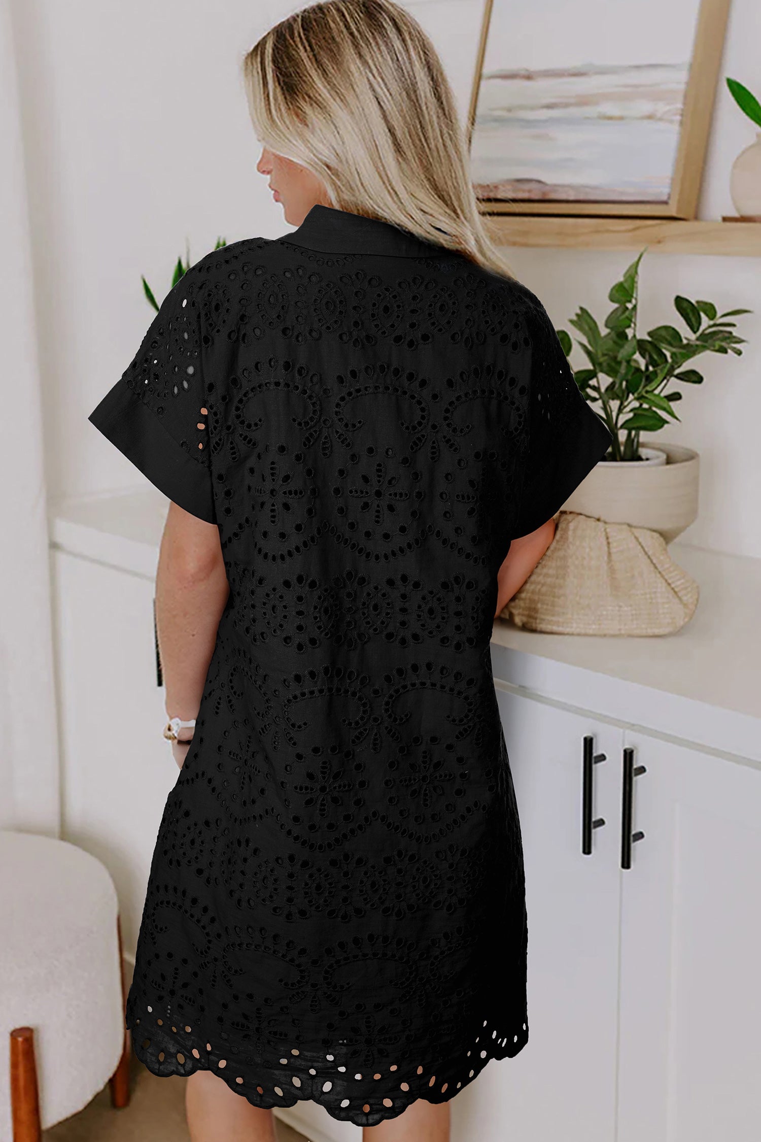 Green Solid Color Eyelet Embroidered T Shirt Mini Dress