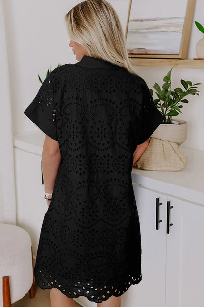 Green Solid Color Eyelet Embroidered T Shirt Mini Dress