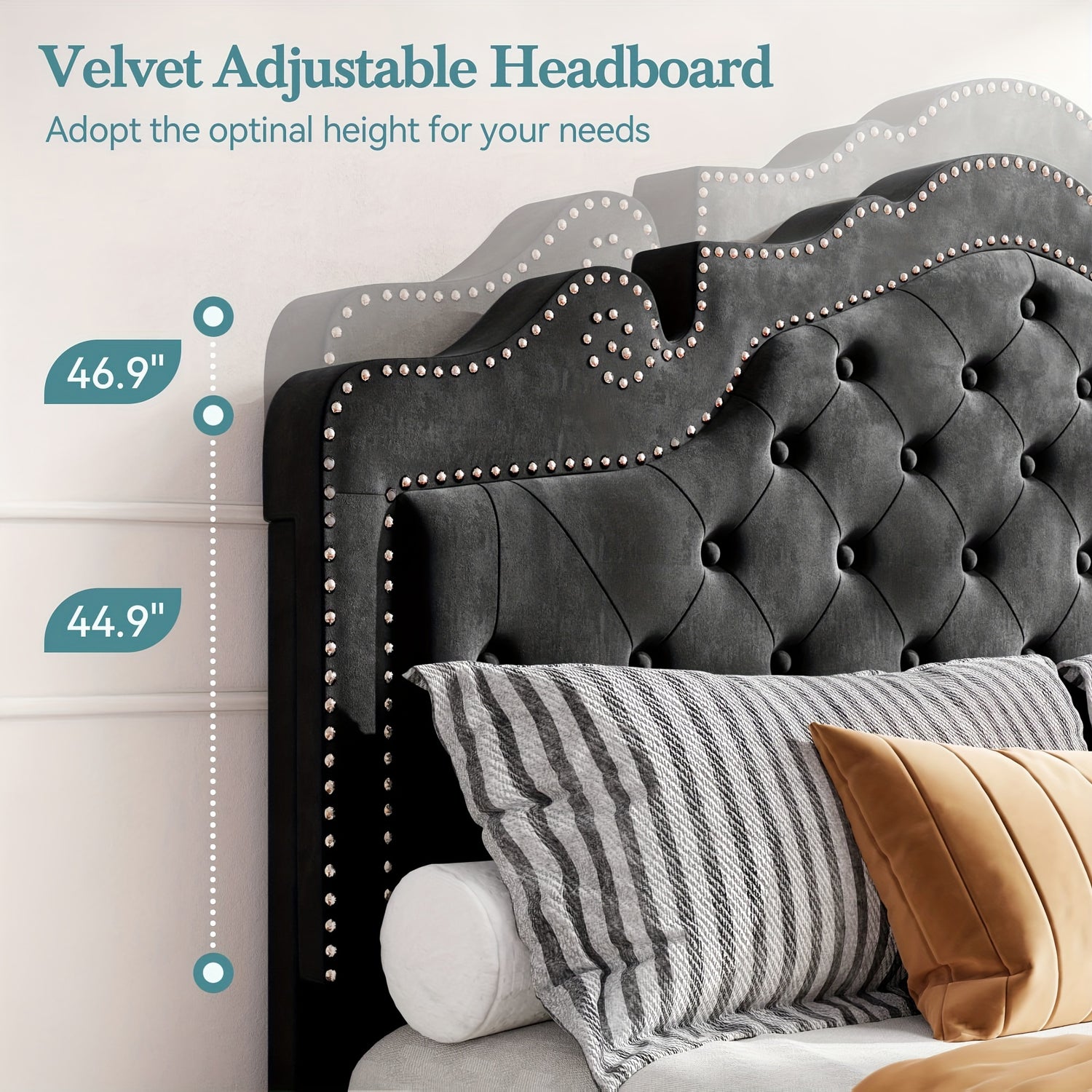 Adjustable Velvet Tiara Headboard Bed Frame - Full/Queen/King Size Upholstered Diamond Button Tufted Platform Bed