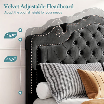 Adjustable Velvet Tiara Headboard Bed Frame - Full/Queen/King Size Upholstered Diamond Button Tufted Platform Bed