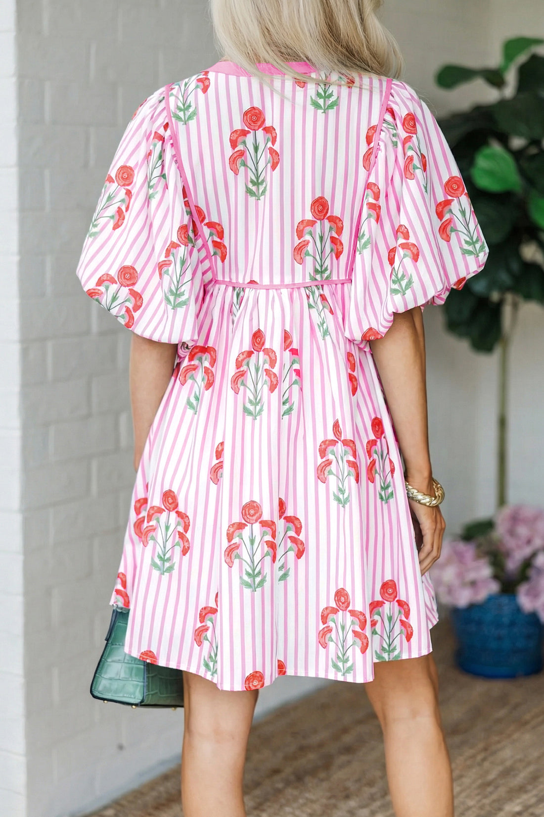 Pink Floral Striped Print Tie Notched Neck Puff Sleeve Flared Mini Dress