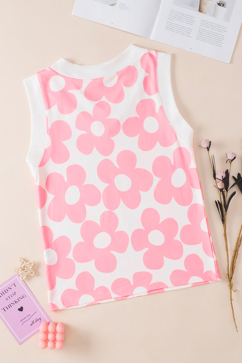 Charming Pink Floral Knitted V-Neck Sleeveless Tank Top