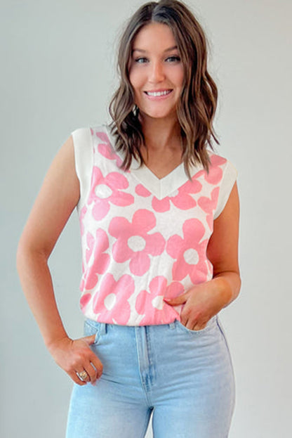 Charming Pink Floral Knitted V-Neck Sleeveless Tank Top