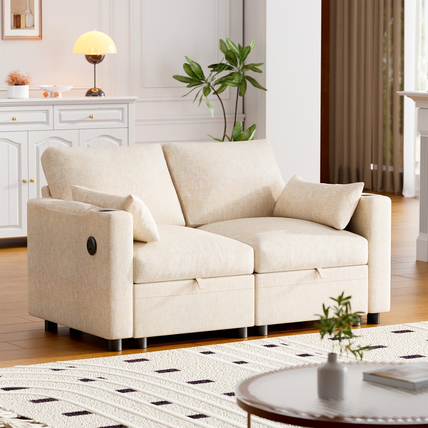 Multi-Seater Fabric Sectional Sofa | Comfortable Sectional Sofa With Storage, Cup Holder, Soft Recliner Combination Sofa For Living Room Or Office, Beige