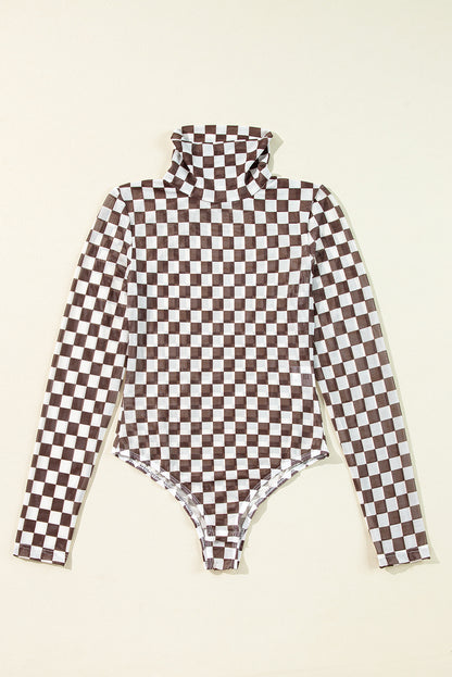 Black Checkered Printed Long Sleeve High Neck Bodysuit