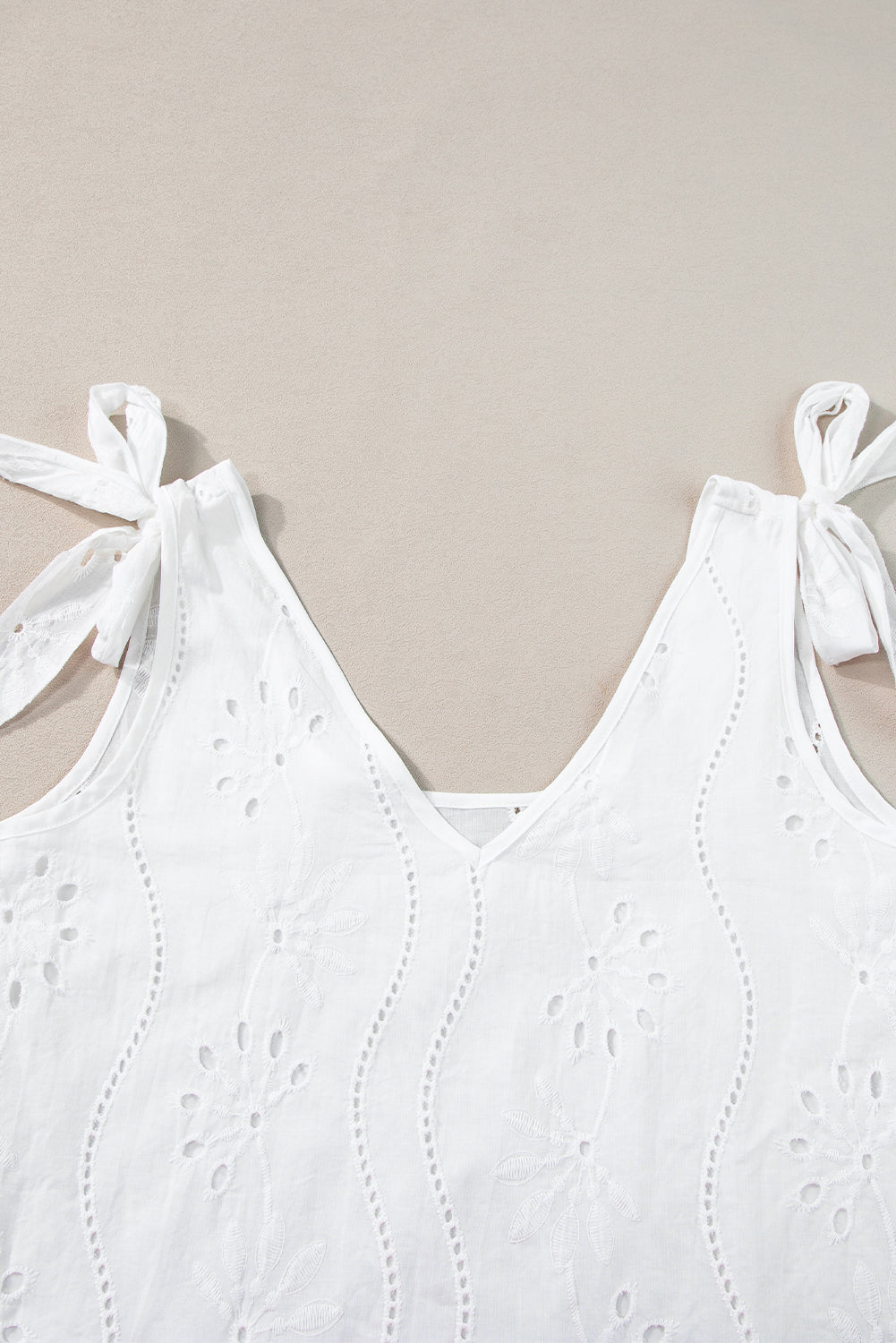 White Embroidery Patterned Knotted Straps V Neck Tank Top