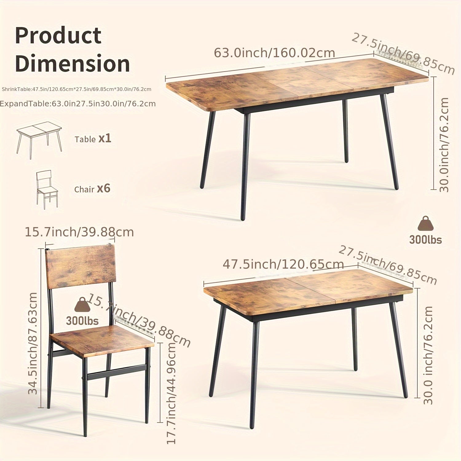 63&quot; Extendable Dining Table Set for 4-6 People, 7pcs Dining Table Set for 6 People with 6 Chairs, MDF Wood Board
