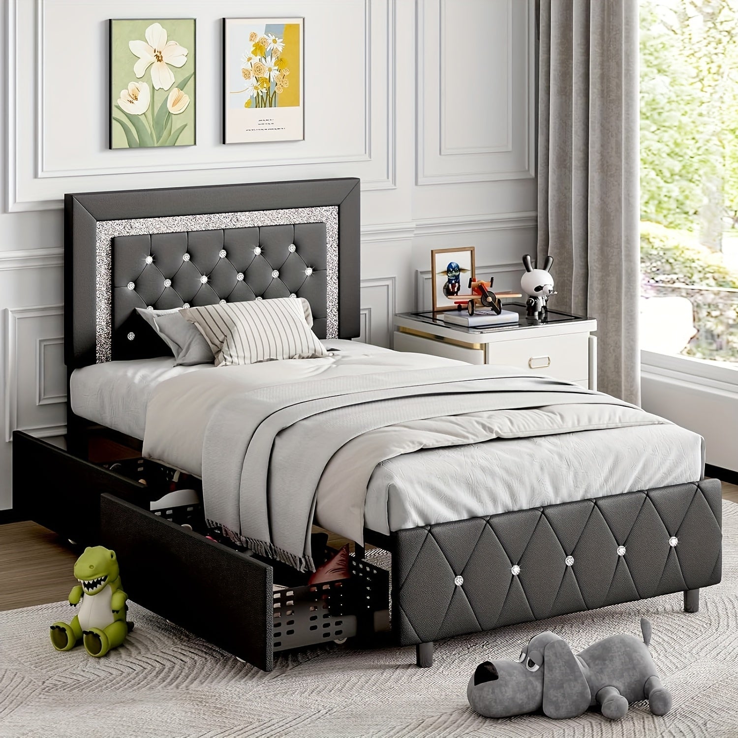 Twin Full Queen King Size Bed Frames With LED Lights And Storage Drawers, Upholstered Platform Bed With Diamond Headboard, Princess Platform Bed,