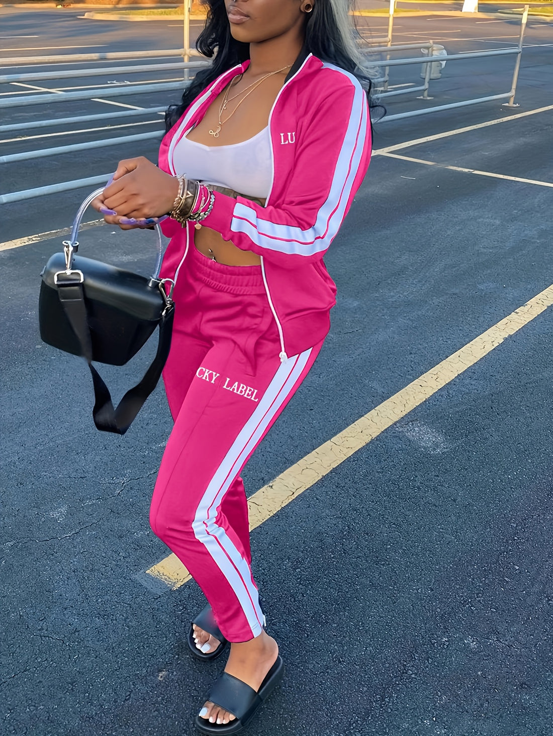 Directional Letter Embroidery Two-Piece Set | Fashion Zip-Up Top &amp; Shorts