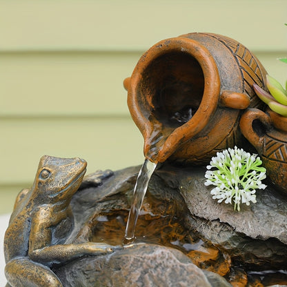 1pc Zen Frog Outdoor Tabletop Fountain, 8.9 Inches High, with Clay Pots, Trees, LED Lights And Water Pumps, Suitable for Outdoor, Water Fountain
