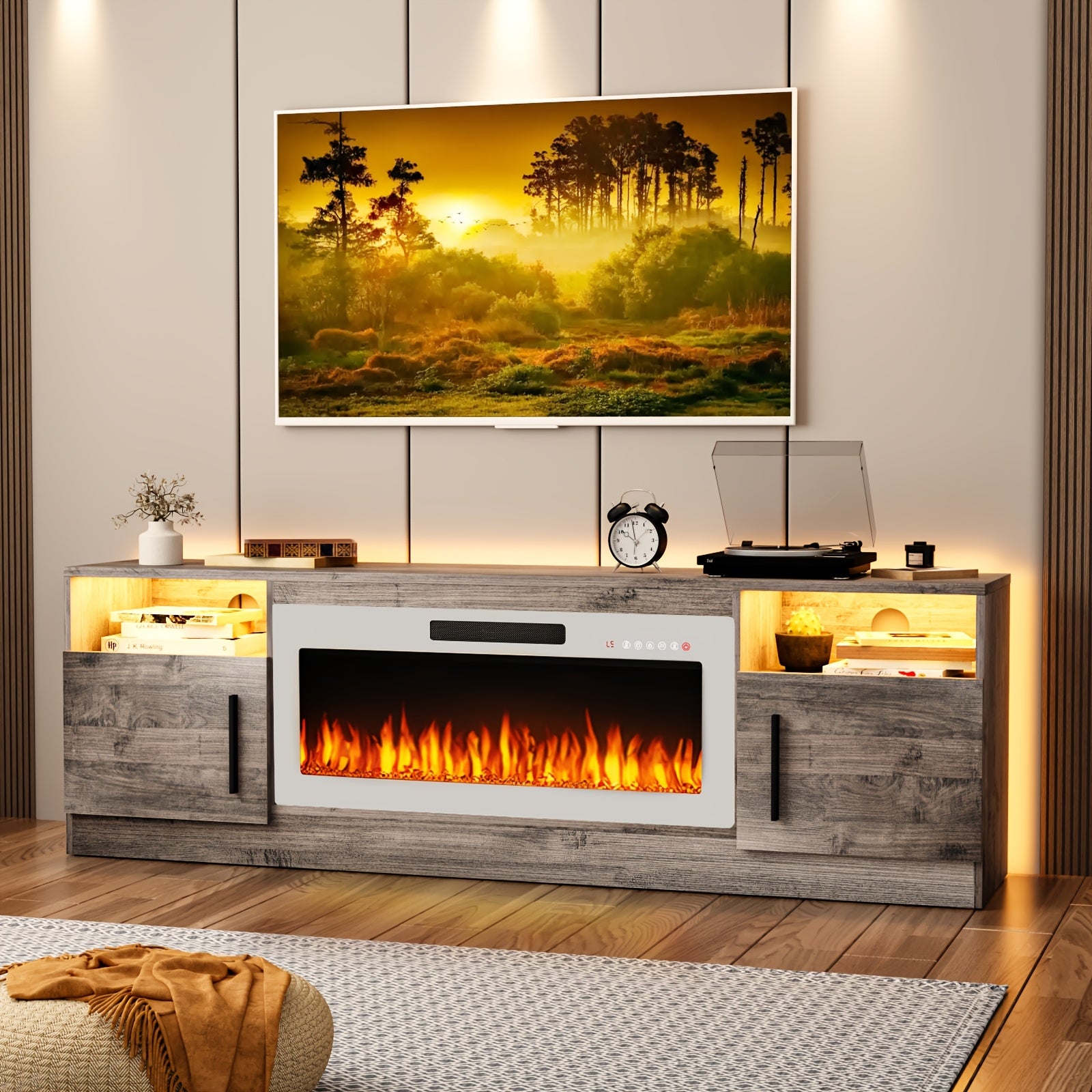 70&quot; Modern Wooden TV Stand for TVs Up to 80&quot; - Electric Fireplace Entertainment Center with 36&quot; High Gloss Media Console, 16-Color LED Lights, Storage Cabinet &amp; US Plug (120V)