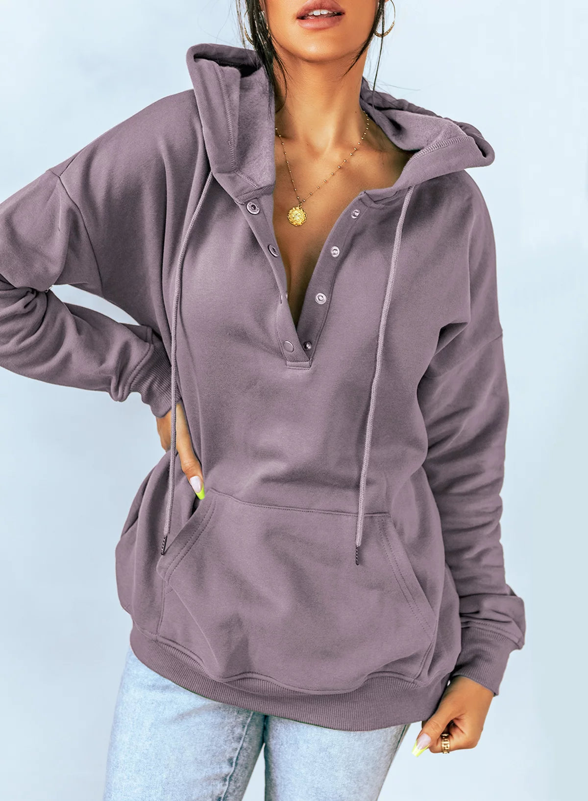 Hoodies for Women Sweatshirt Long Sleeve 1/4 Button Closure Drawstring Pullover Casual Hooded Tops