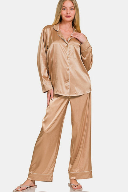 A Zenana Satin Pajama Set with a Long-Sleeved Shirt and Pants