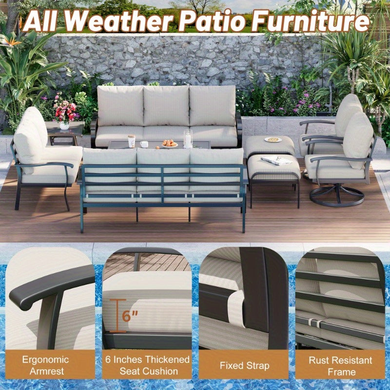 Outdoor Metal Patio Dining Furniture Set with 360° Swivel Rocking Chairs and Coffee Table, Versatile Conversation Set
