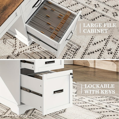 55&quot; Rustic Farmhouse Executive Desk with Power Outlets, Home Office Desk with 4 Drawers and Cabinet, Mixed Color Wood &amp; Metal Design, Compact Storage for Small Spaces, Easy Assembly, Desk Accessories Office