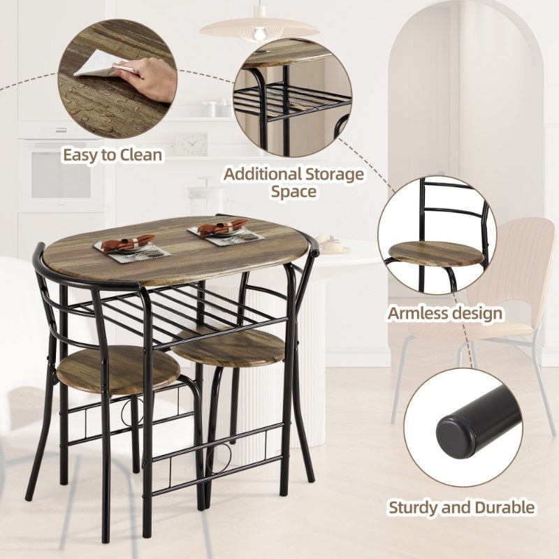 3pcs Dining Table Set for 2, Kitchen Table and Chair Set with Tabletop &amp; PVC Veneer, Compact Dining Table Set with Metal Frame and Built-in Rack, for Small space