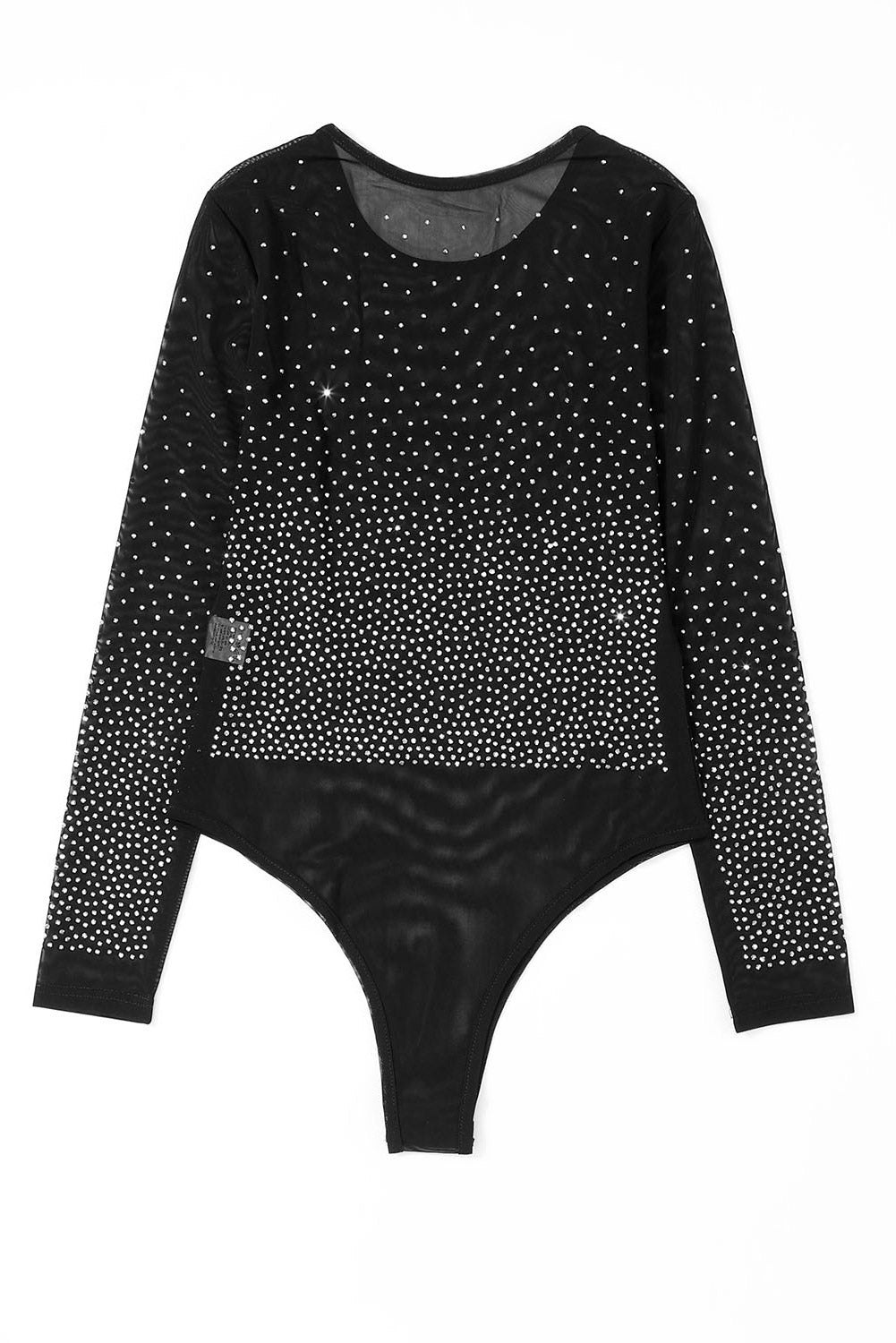 Black Rhinestone Embellished Mesh Long Sleeve Bodysuit