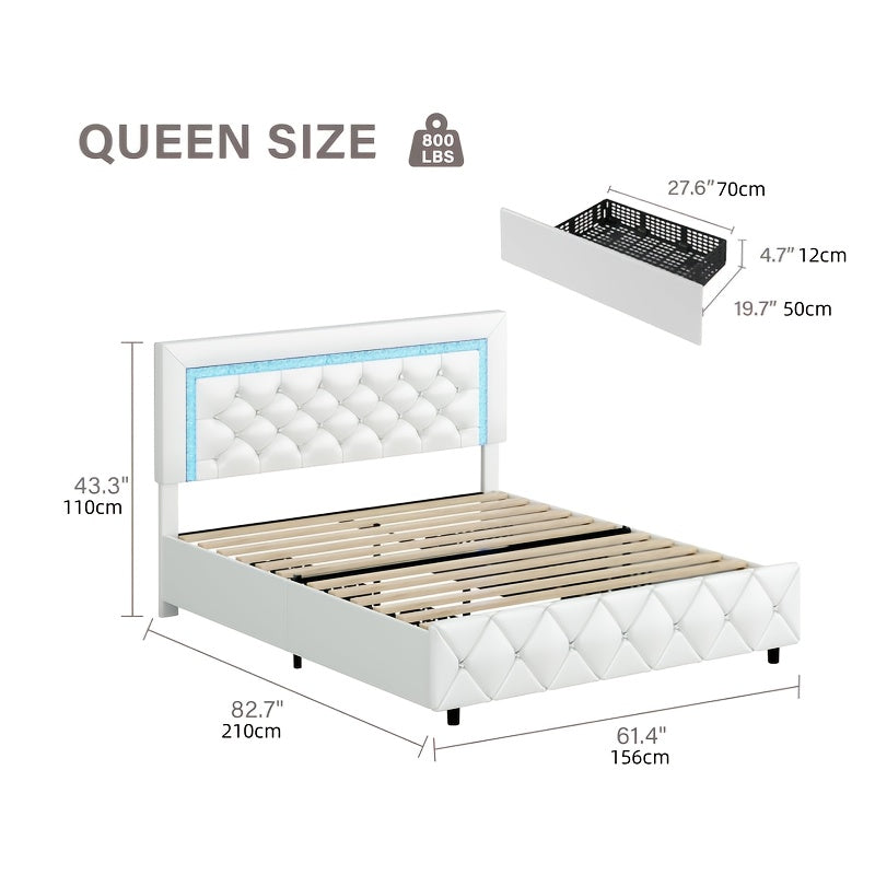 Twin Full Queen King Size Bed Frames With LED Lights And Storage Drawers, Upholstered Platform Bed With Diamond Headboard, Princess Platform Bed,