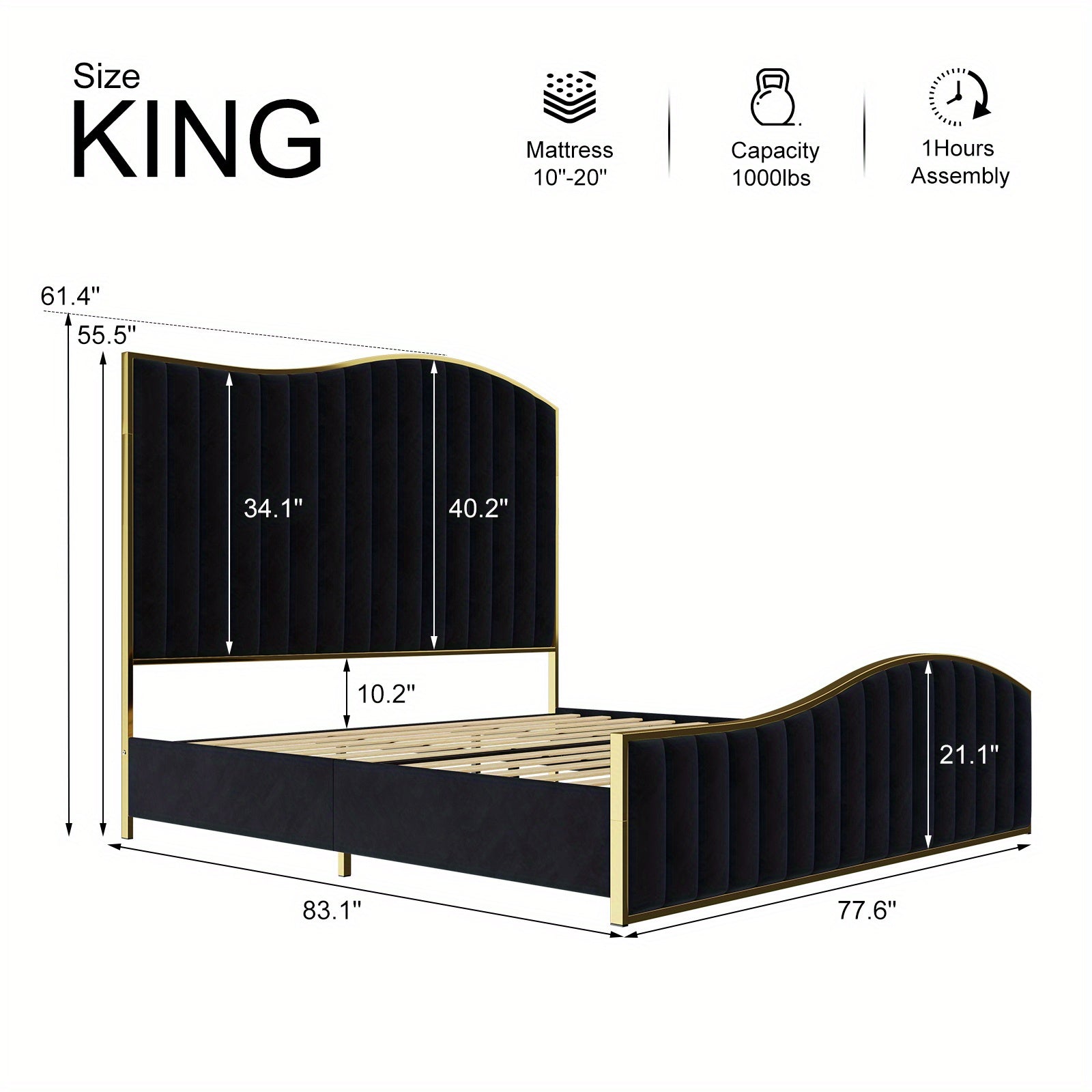 [Luxury | Velvet] Gray Luxury Velvet Platform Bed | 61.4&quot; High Headboard, Contemporary Design, Metal Frame