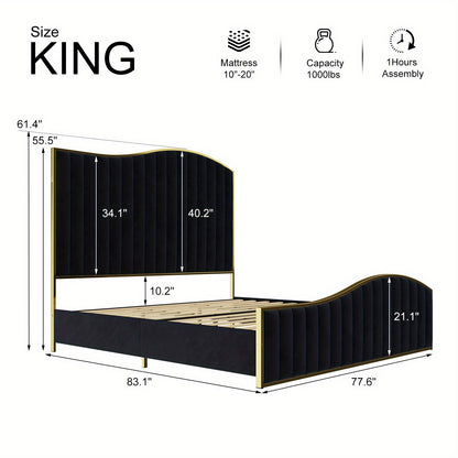 [Luxury | Velvet] Gray Luxury Velvet Platform Bed | 61.4&quot; High Headboard, Contemporary Design, Metal Frame