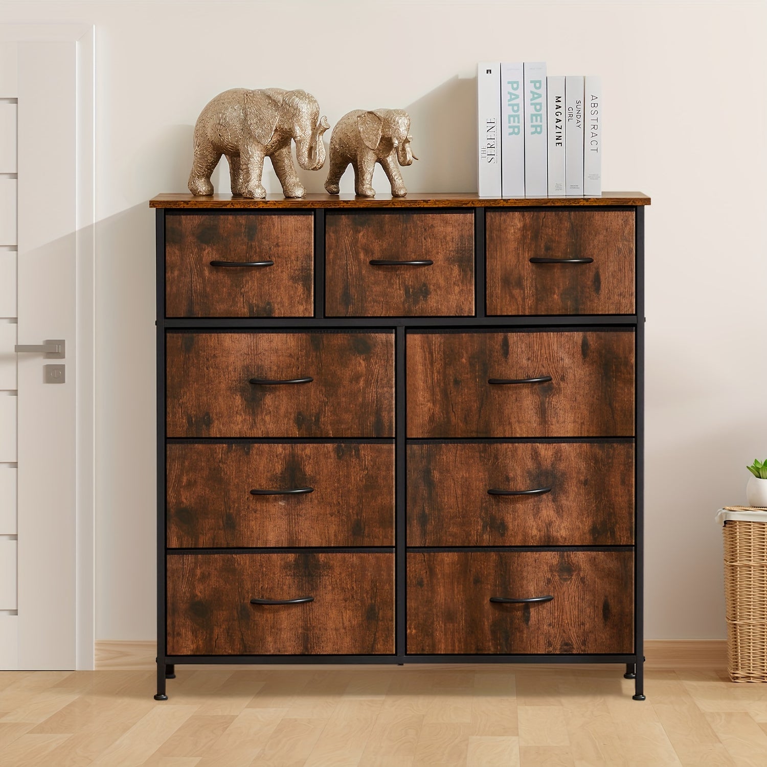 9-Drawer Idle Way Dresser - Sturdy Metal Frame, Wood Tabletop, Fabric Closet Organizer, Chest Storage Tower for Bedroom, Living Room, and Entryway