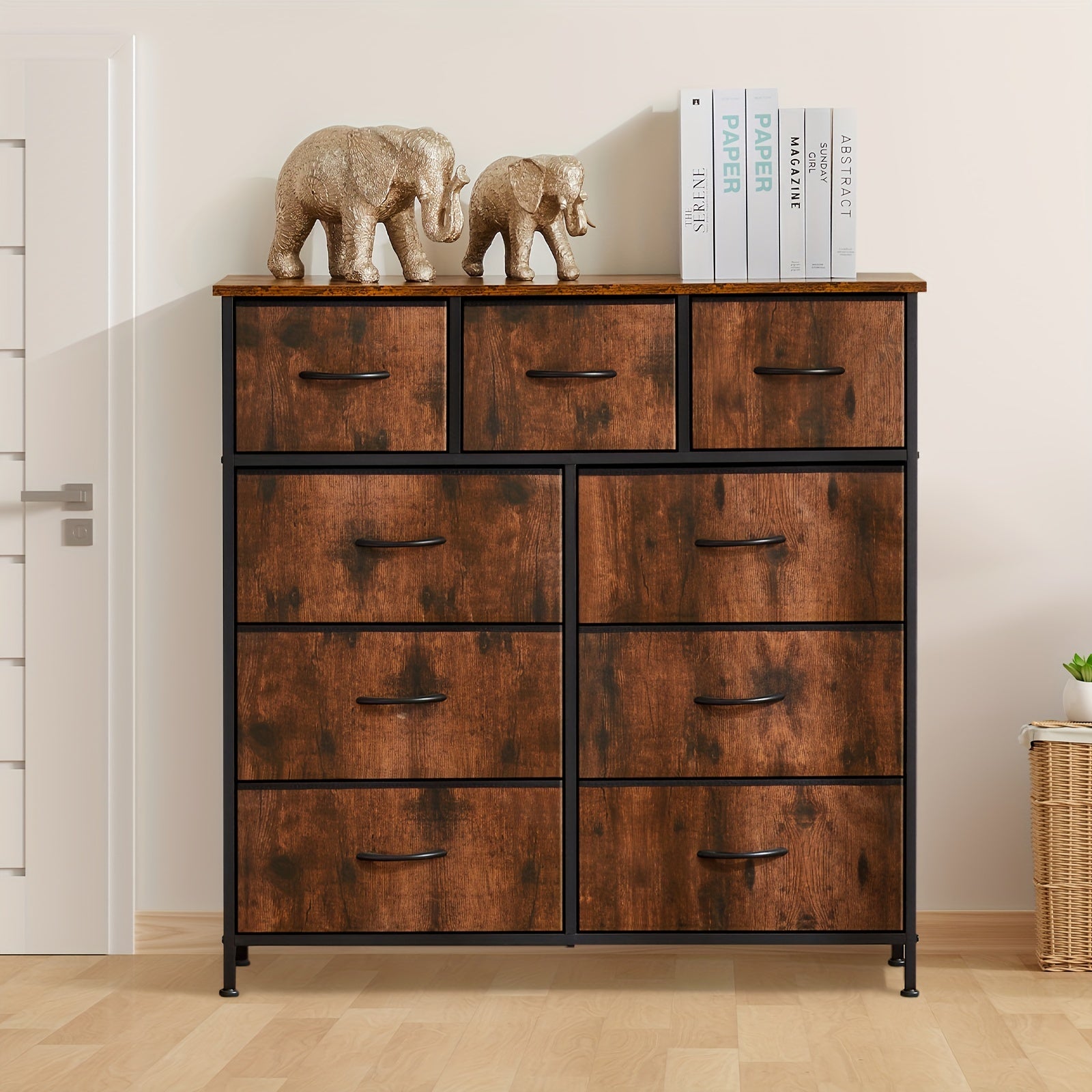 9-Drawer Idle Way Dresser - Sturdy Metal Frame, Wood Tabletop, Fabric Closet Organizer, Chest Storage Tower for Bedroom, Living Room, and Entryway