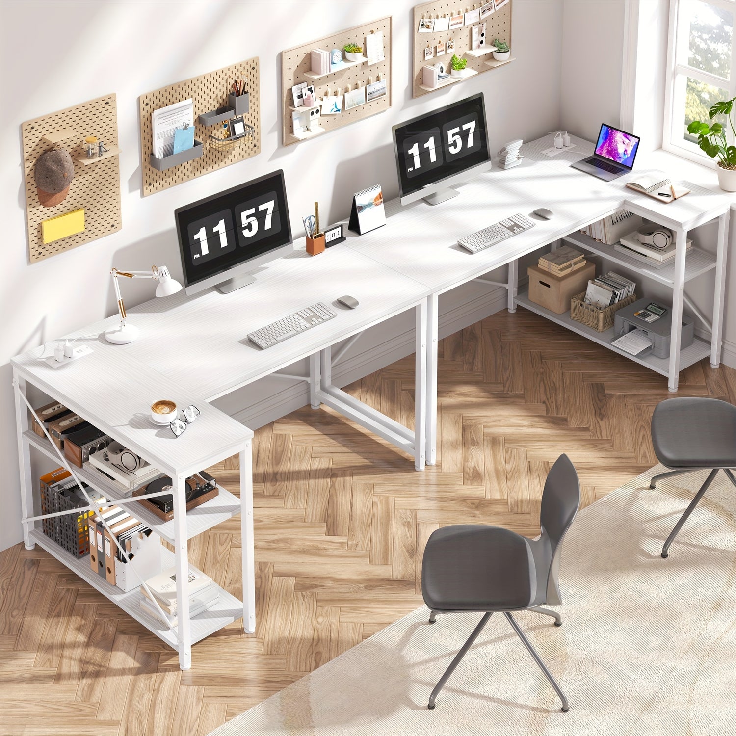 L Shaped Computer Desk With Power Outlets, Computer Desk With Storage Shelves, Home Office Corner Desk For Work, Writing Study Desk With Gaming Desk For Bedroom Office Dorm