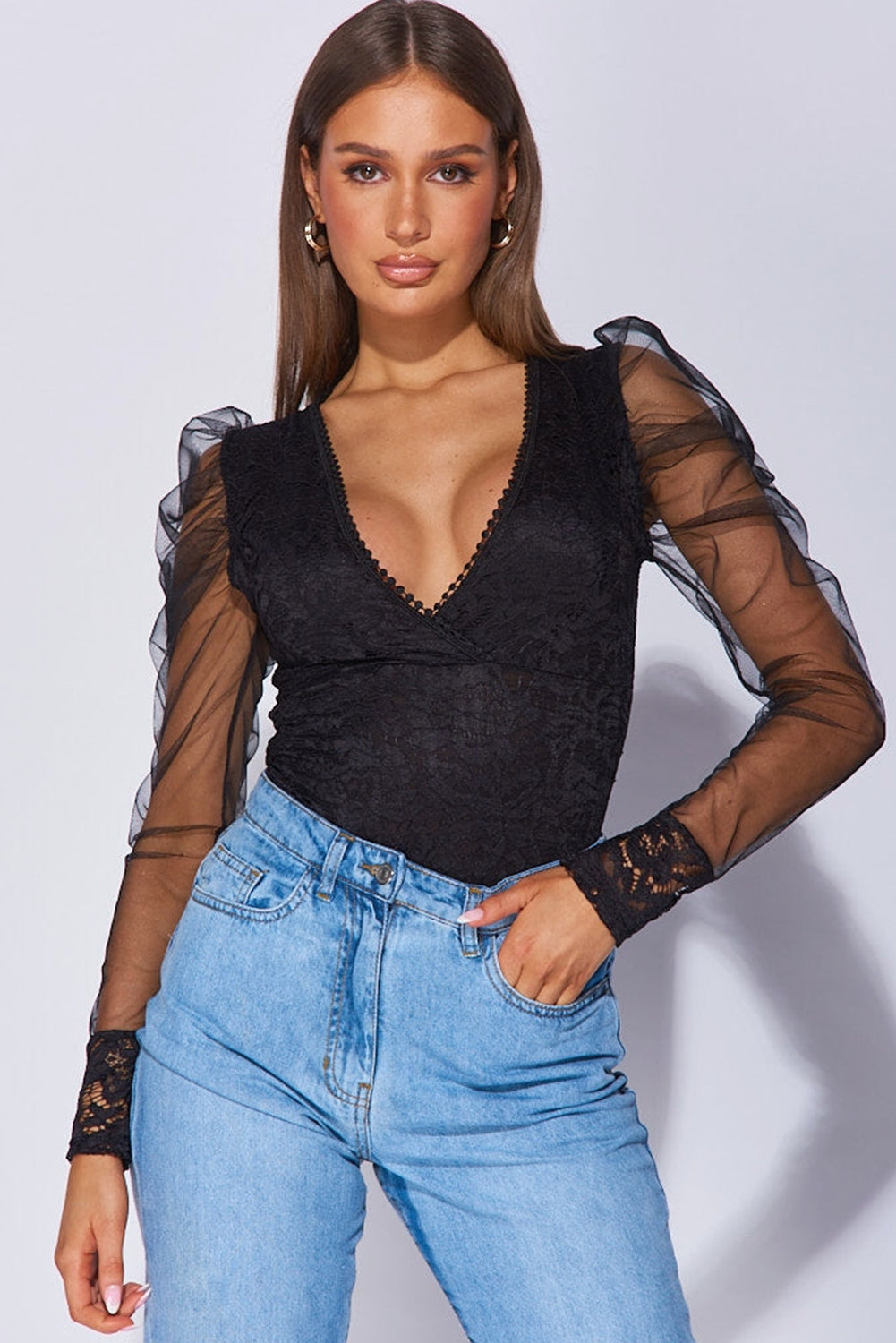 Black V Neck Lace Sheer Puff Sleeve Bodysuit