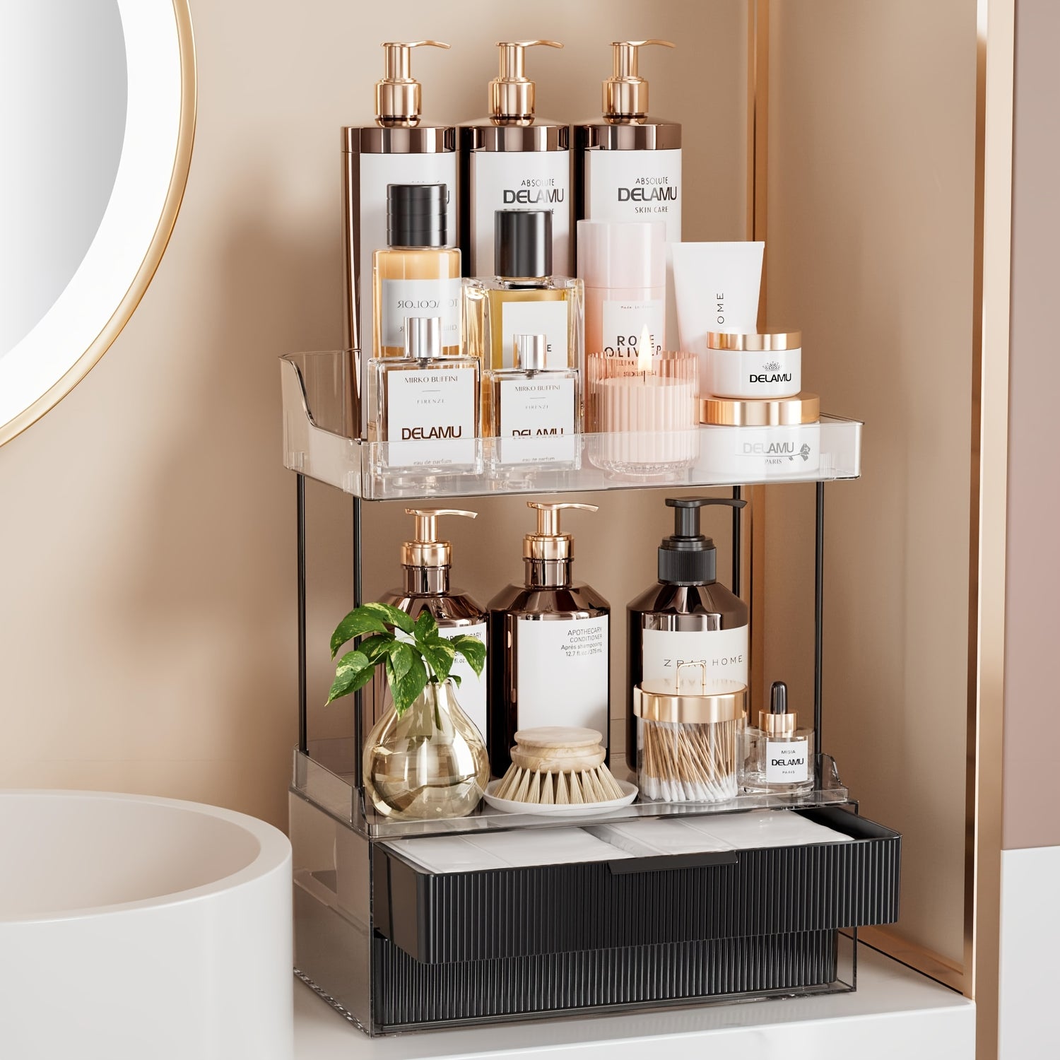 2-Tier Delamu Bathroom Organizer - Multi-Purpose Makeup &amp; Skincare Storage, Large Countertop Vanity with 2 Drawers