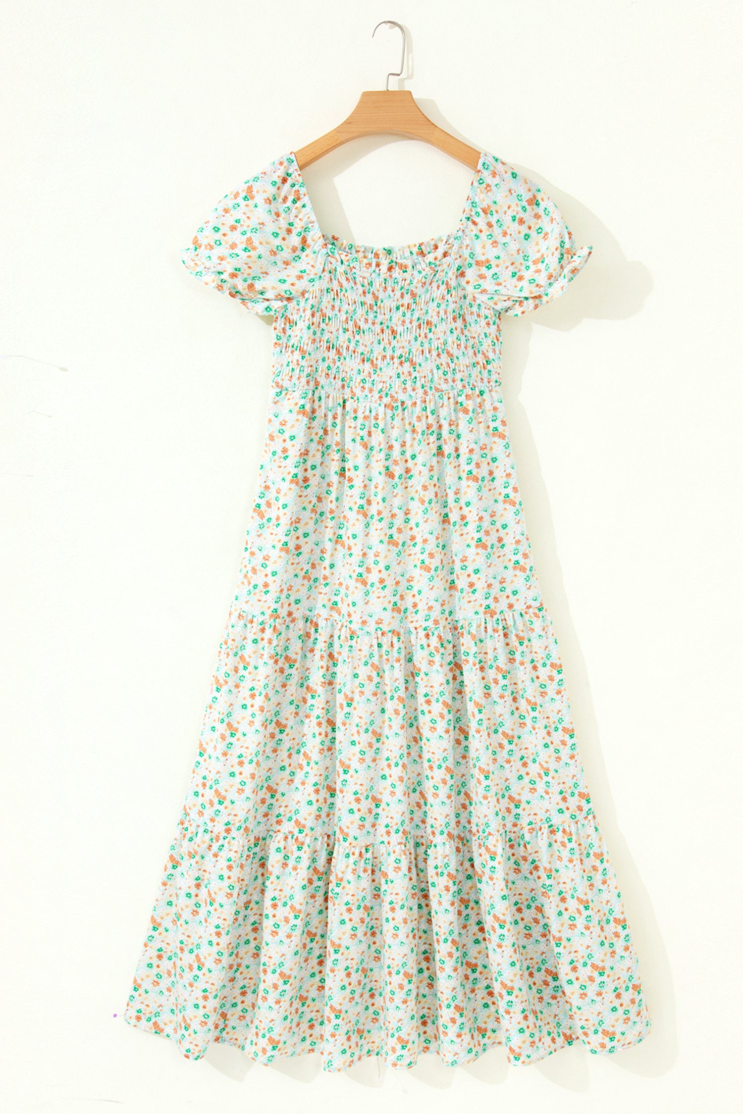 Pink Floral Short Bubble Sleeve Shirred High Waist Maxi Dress