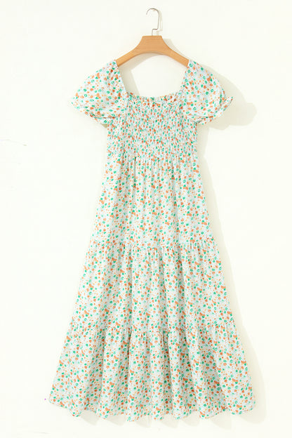 Pink Floral Short Bubble Sleeve Shirred High Waist Maxi Dress