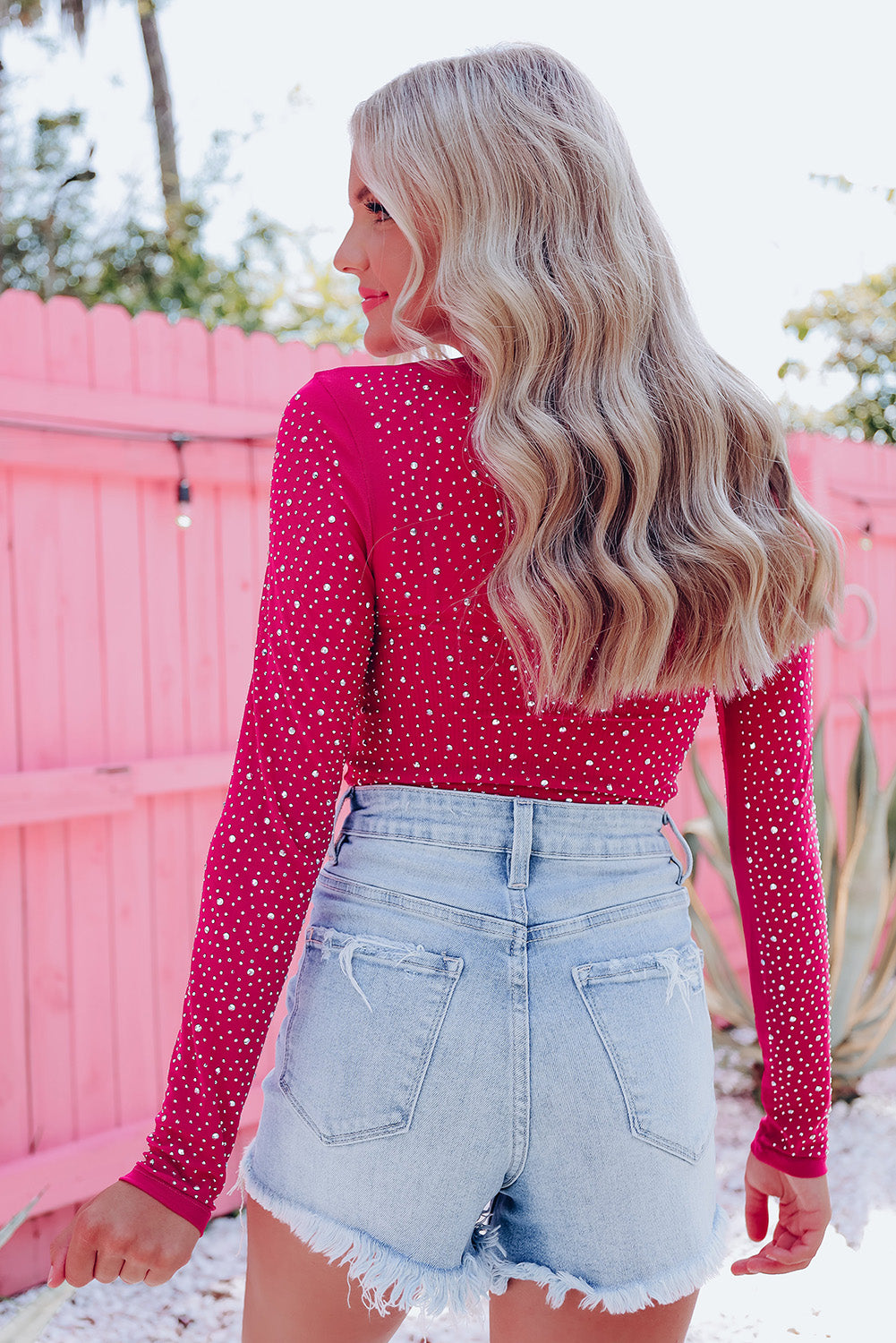 Black Rhinestone O-neck Long Sleeve Bodysuit