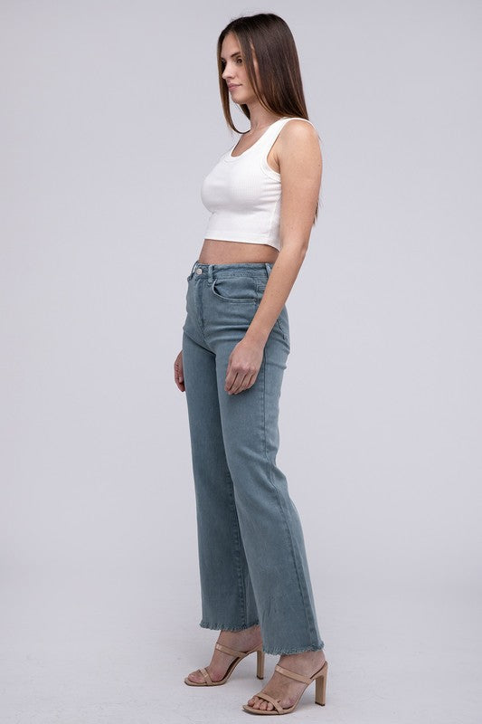 Acid -washed frayed cutoff hem straight wide pants.