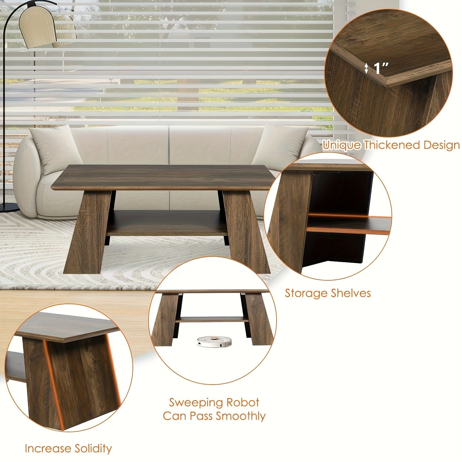 Modern Coffee Tables With Storage Shelf, 2-Tier, Farmhouse Wooden Center Table