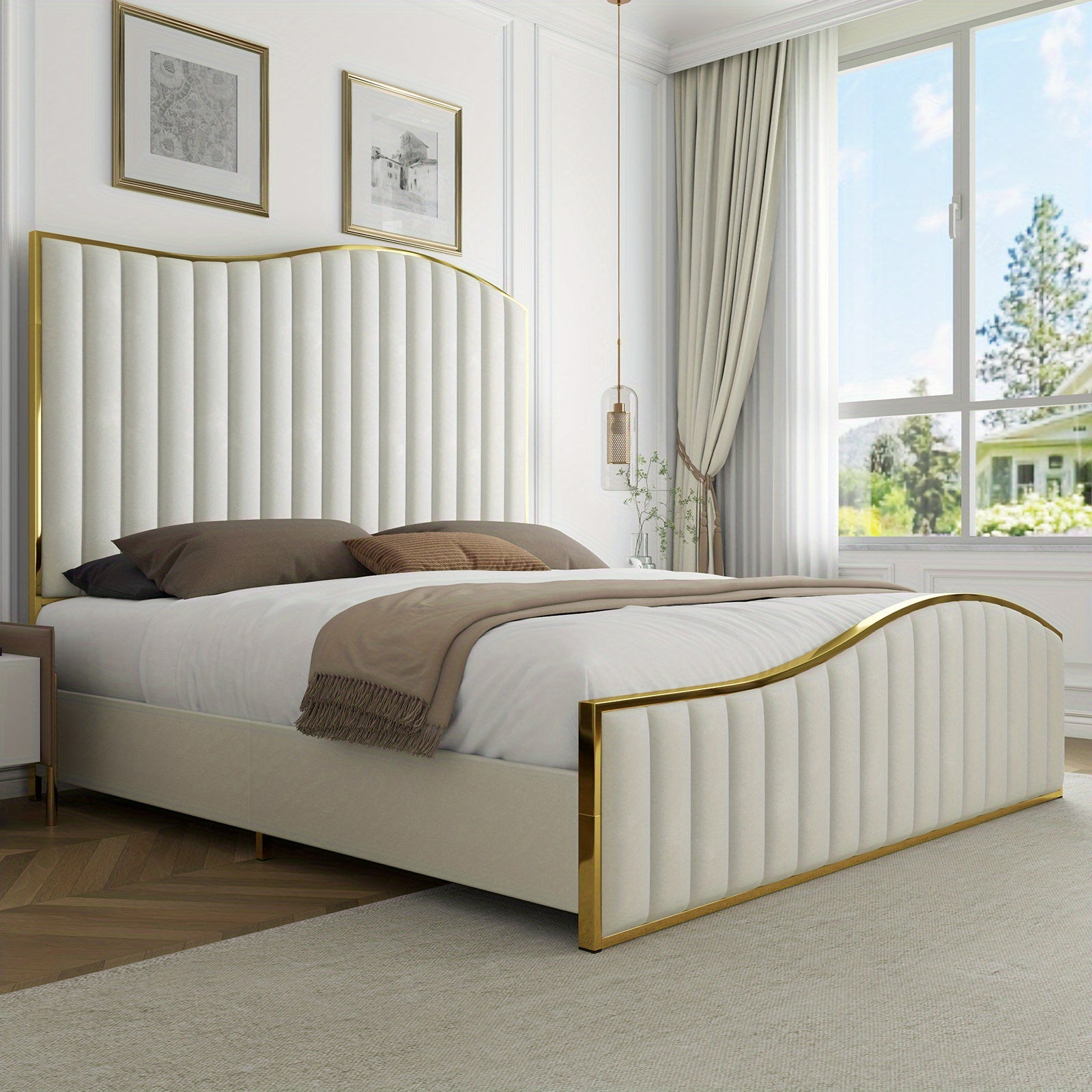 [Luxury | Velvet] Gray Luxury Velvet Platform Bed | 61.4&quot; High Headboard, Contemporary Design, Metal Frame