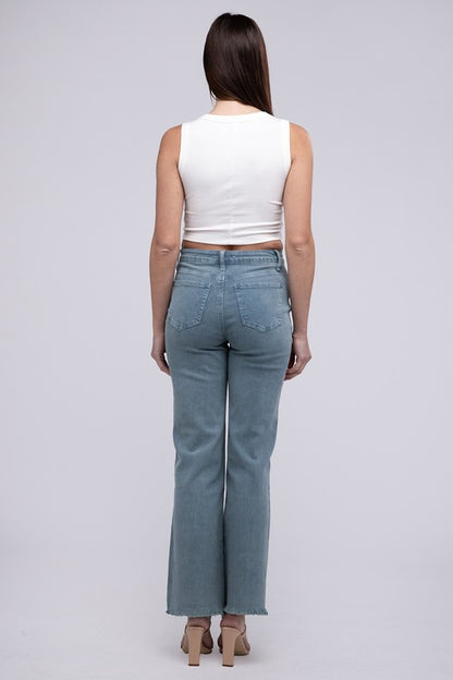 Acid -washed frayed cutoff hem straight wide pants.