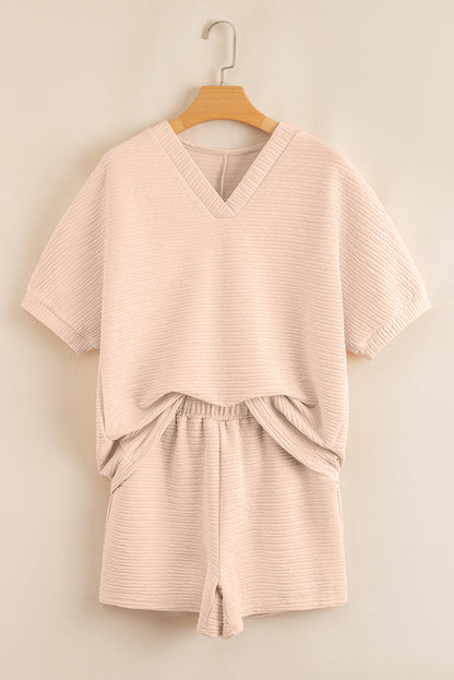 Orange Textured V Neck T Shirt and Shorts Set
