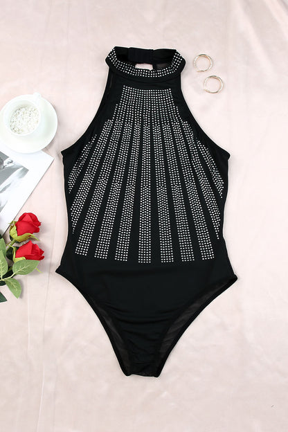 Black High Neck Sleeveless Diamante Bodysuit