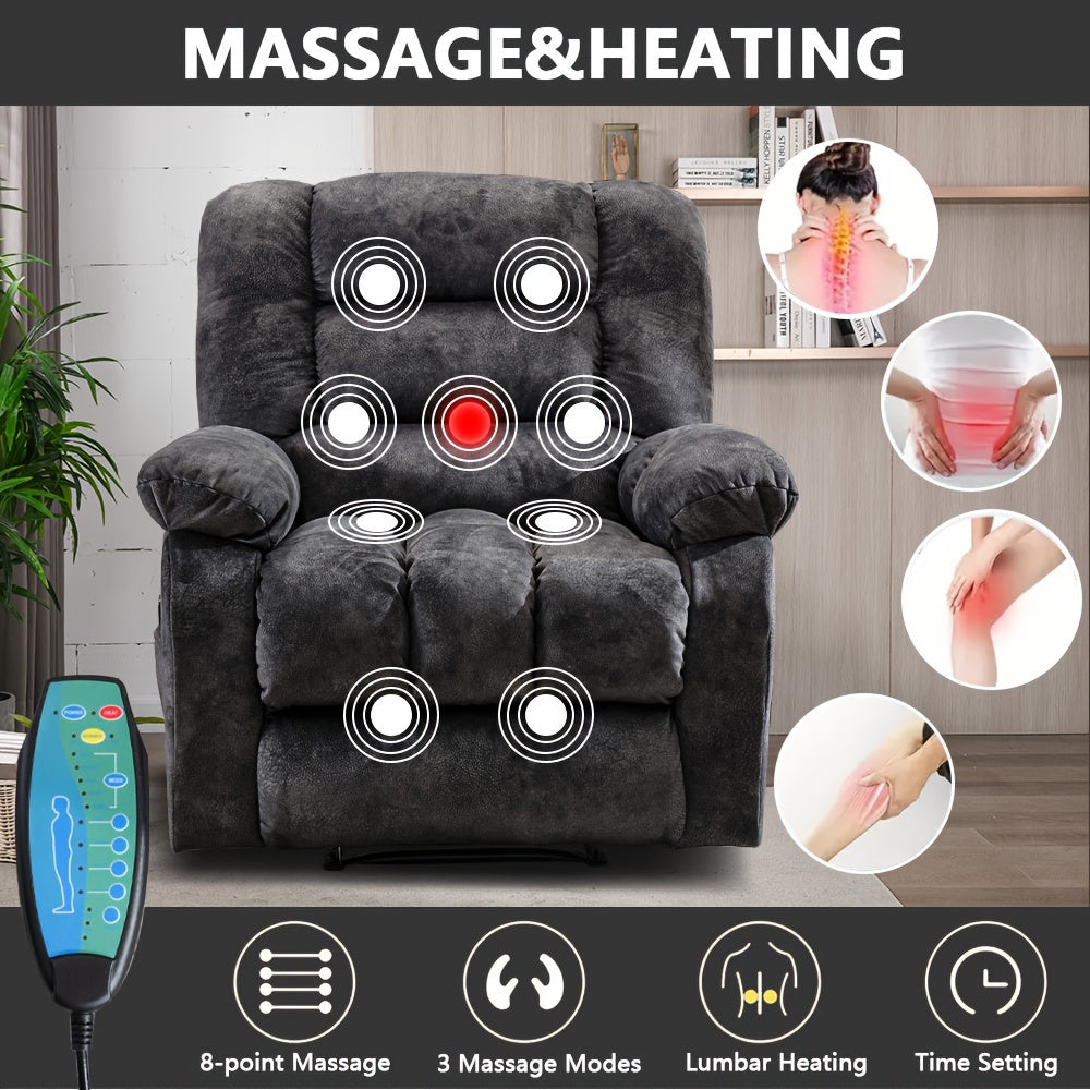 Large Recliner Wide Manual Recliner for Seniors Fabric Living Room Upholstered Adult Recliner, Elderly Lounge Chair with Heating Massage, Side Pockets and USB Charging