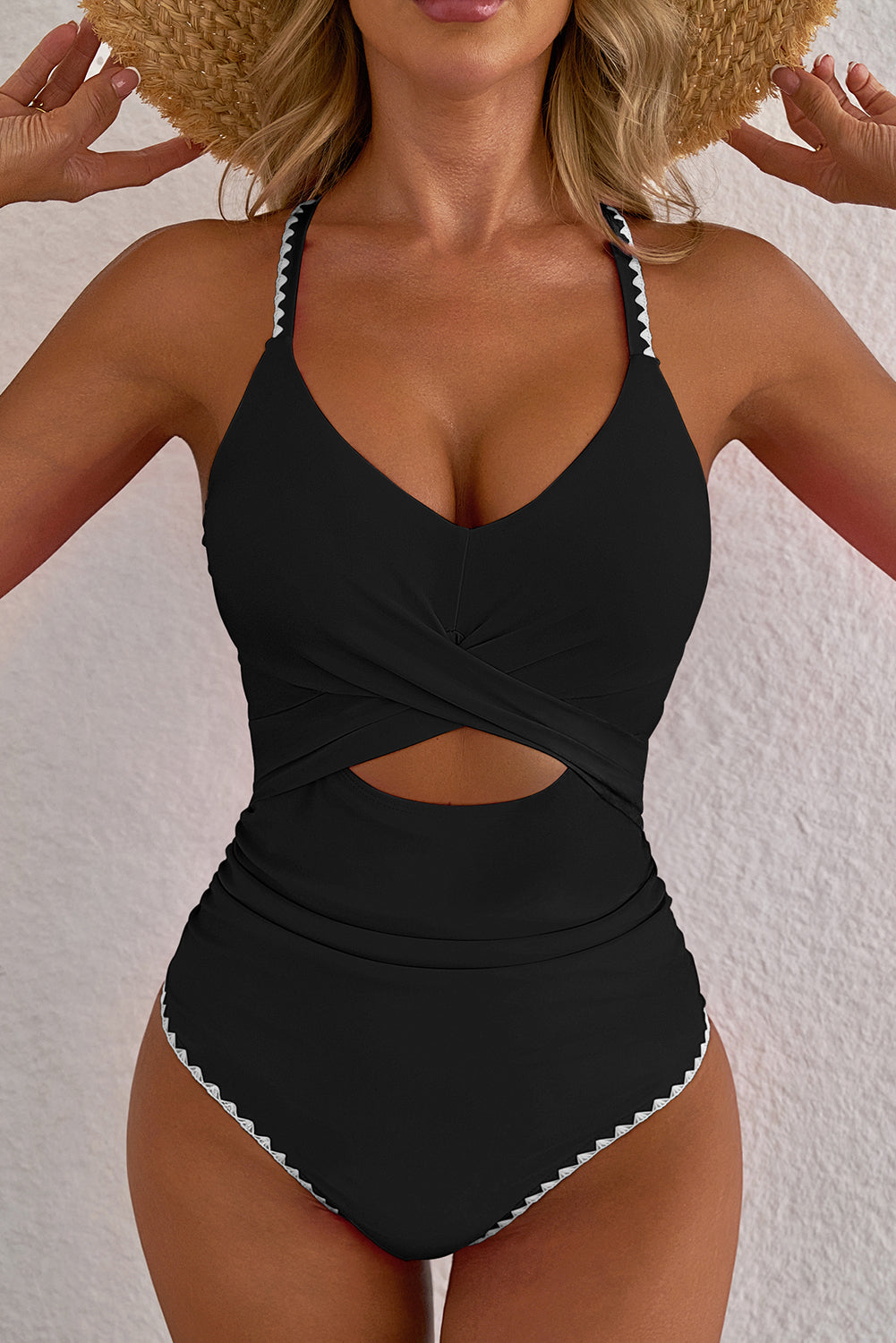 Ric Rac Trim Contrasted Patchwork Cutout One Piece Swimsuit - Rose Red