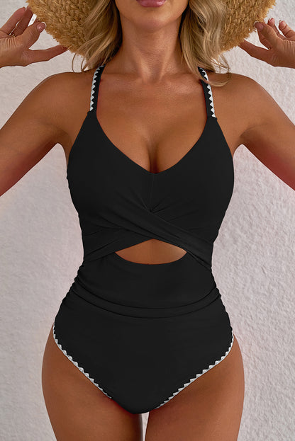 Ric Rac Trim Contrasted Patchwork Cutout One Piece Swimsuit - Rose Red