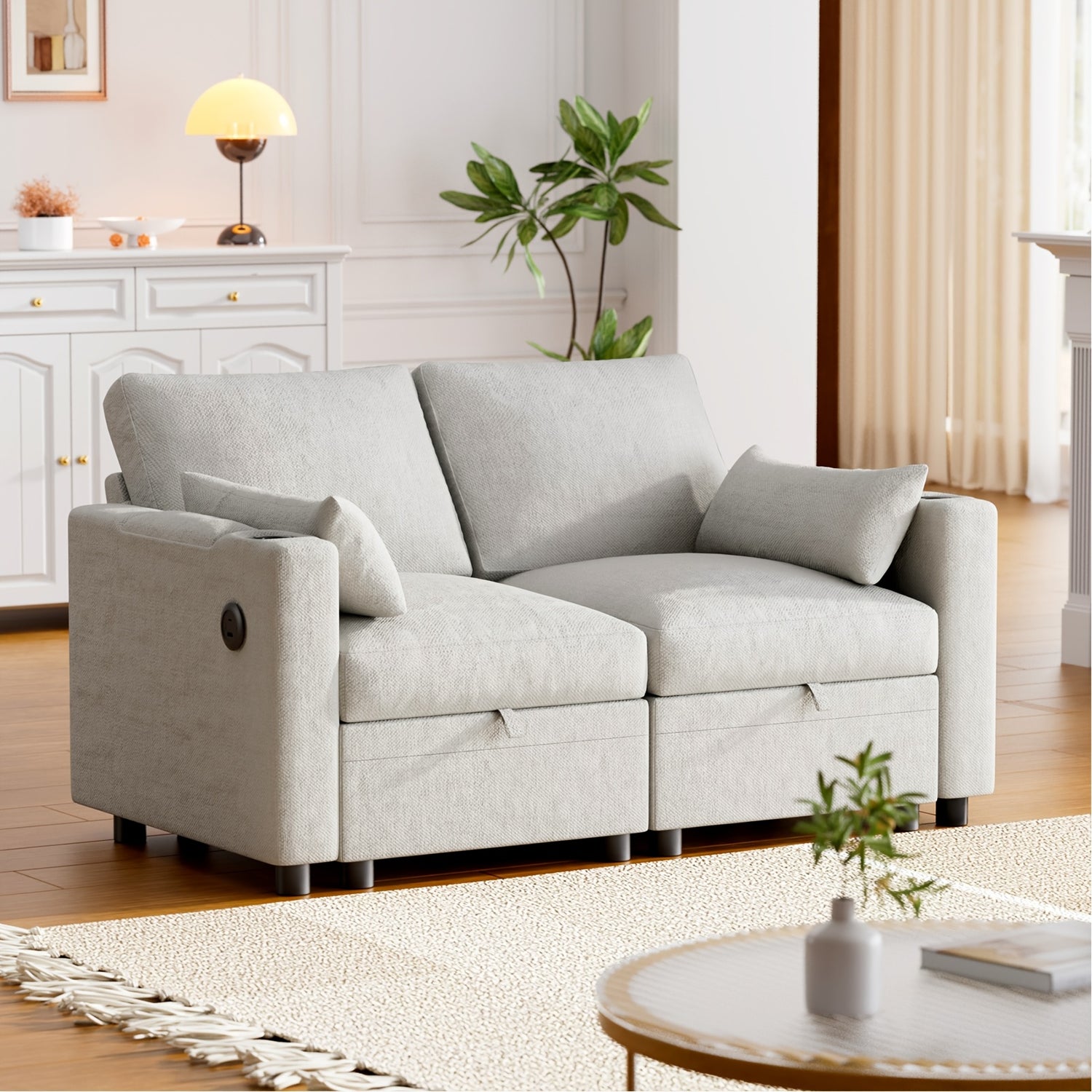 Multi-Seater Fabric Sectional Sofa | Comfortable Sectional Sofa With Storage, Cup Holder, Soft Recliner Combination Sofa For Living Room Or Office, Beige