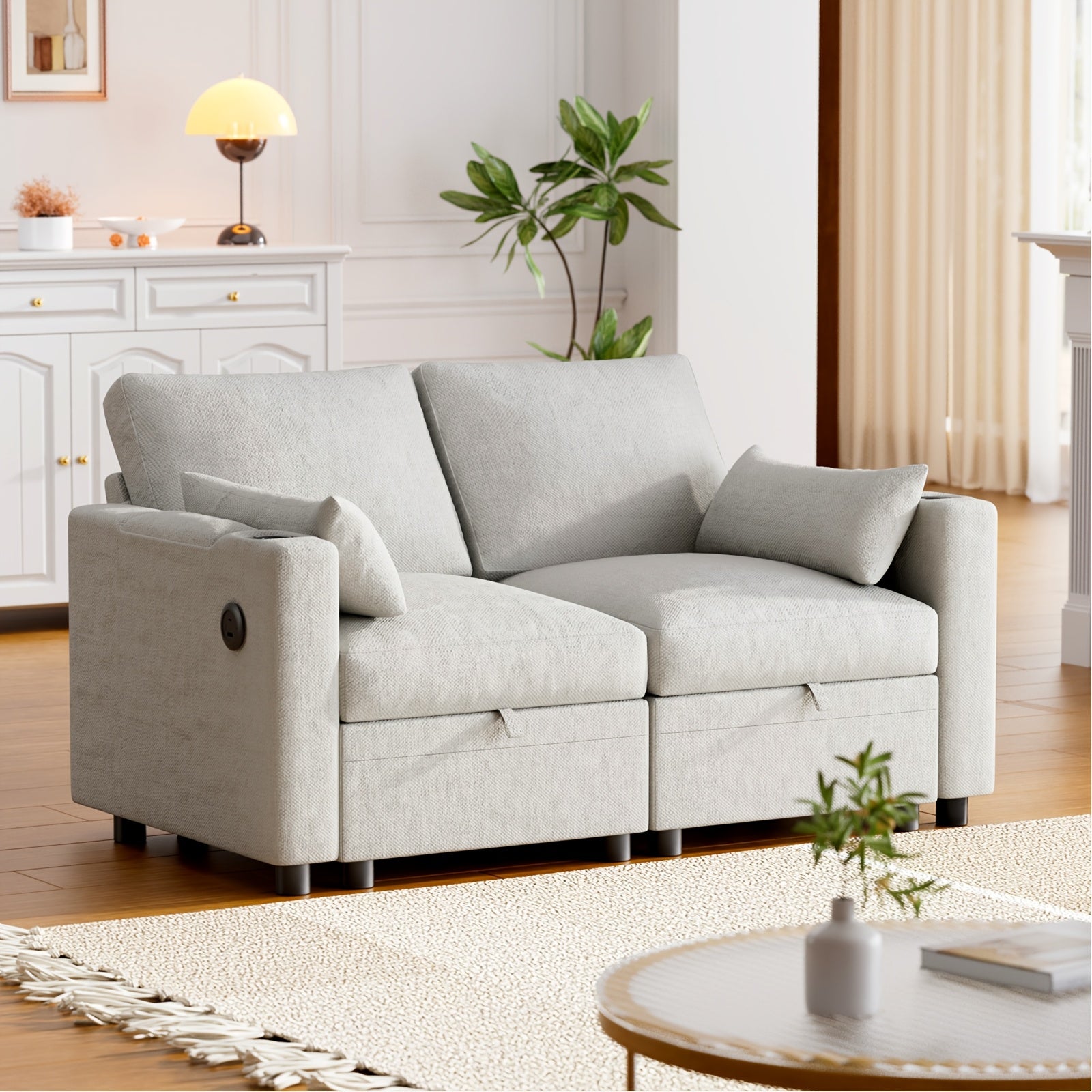 Multi-Seater Fabric Sectional Sofa | Comfortable Sectional Sofa With Storage, Cup Holder, Soft Recliner Combination Sofa For Living Room Or Office, Beige